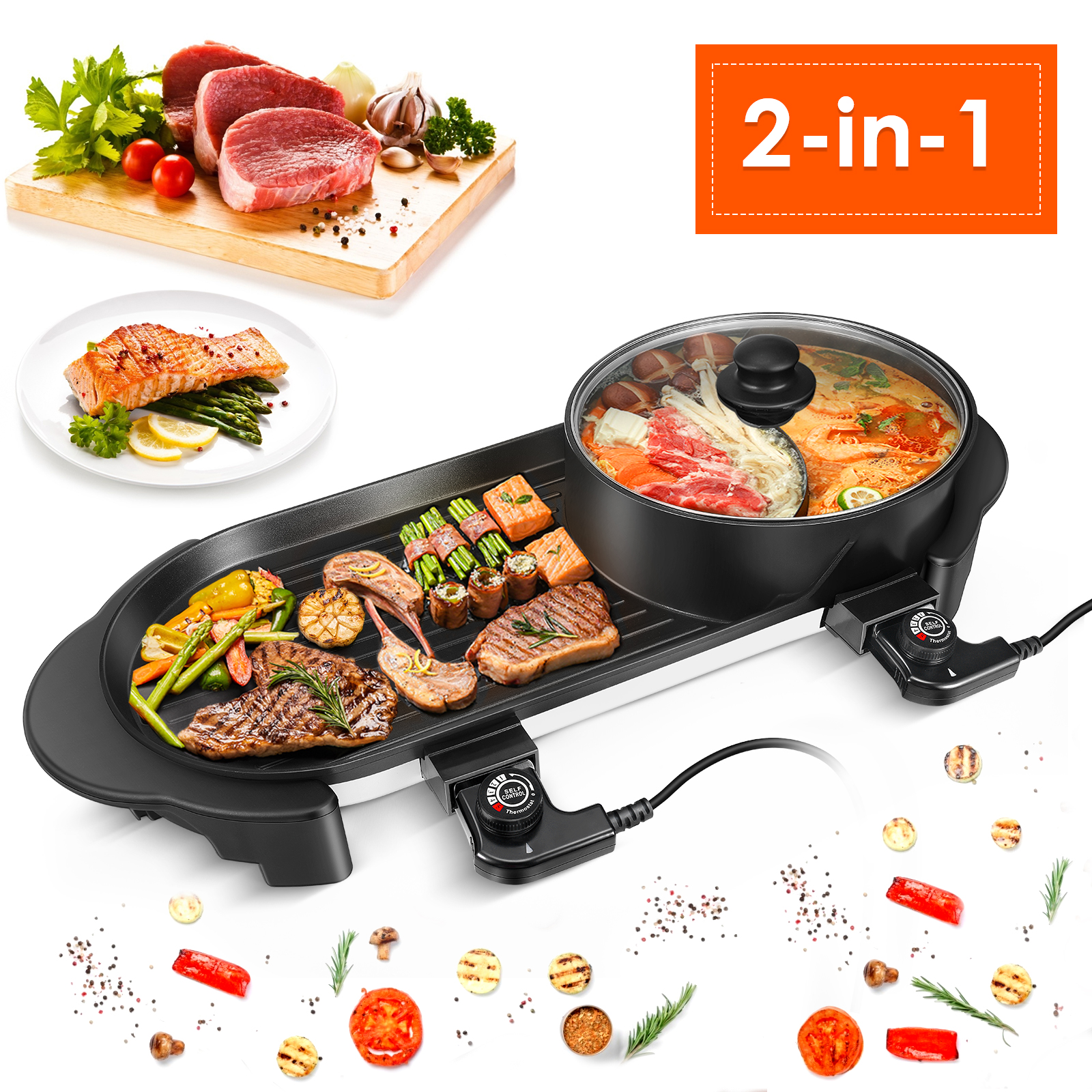 2 in 1 BBQ Grill and Hot Pot with Divider, Aluminum Alloy Electric